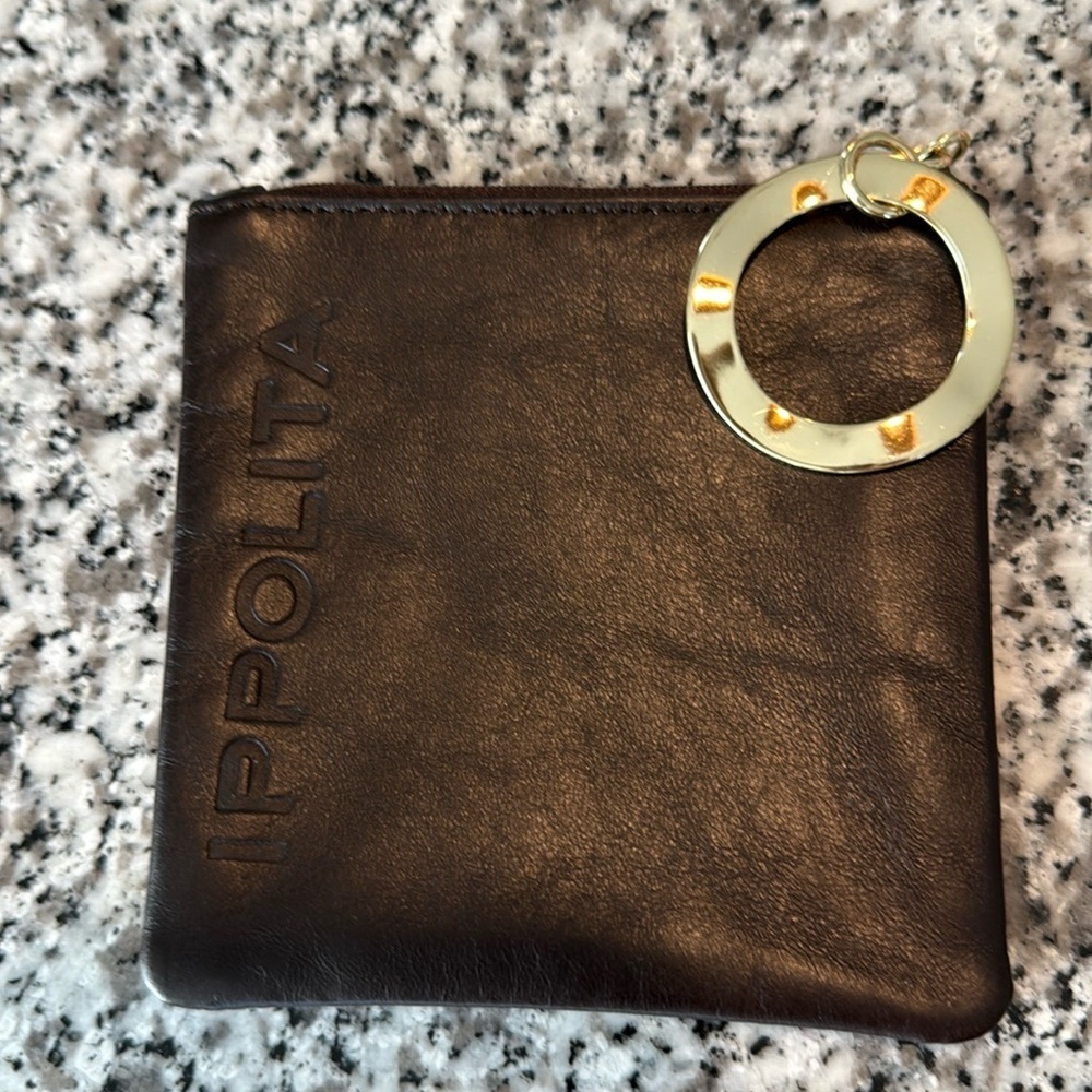 Ippolita Brown Leather Pouch w/Gold-Wavy-Circle Zipper Pull Lined 4.5"x4.5"